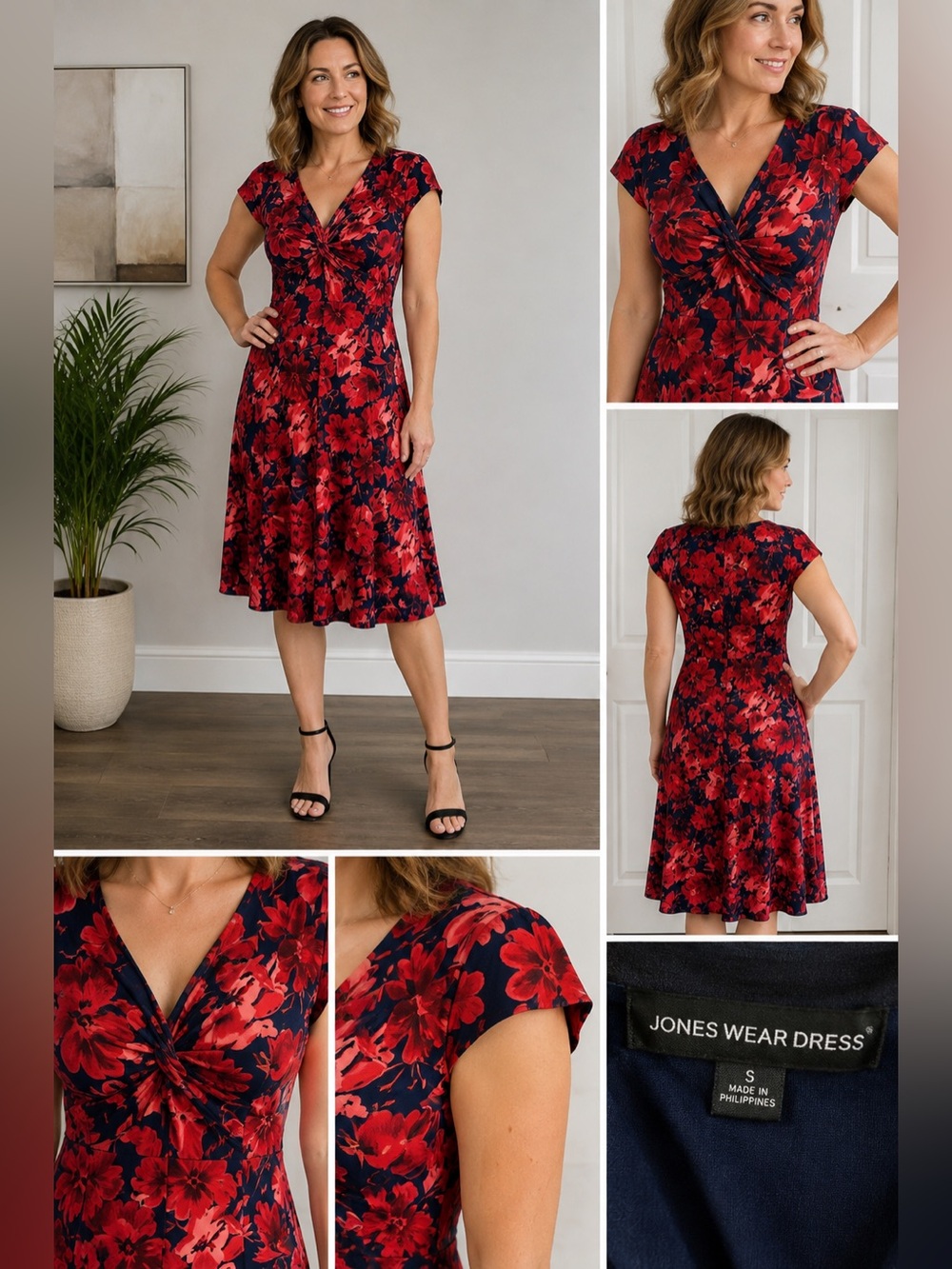 Jones Wear Red Floral Navy Fit & Flare Dress Small